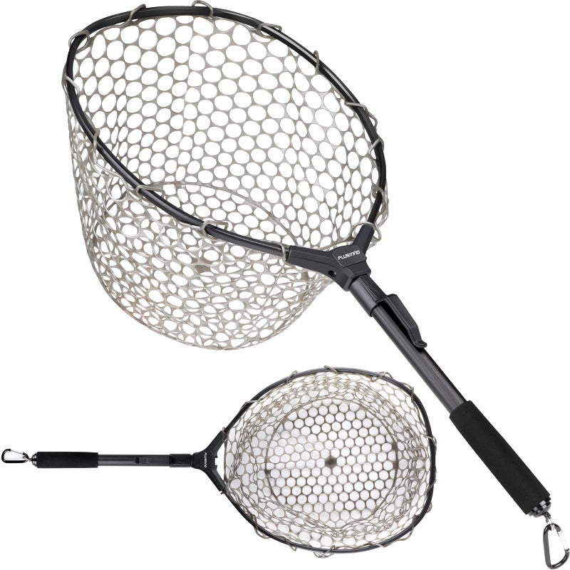 PLUSINNO Fly Fishing Net, Trout Bass Fish Landing Net Soft Rubber Mesh Catch and Release (16" x 13" Hoop Size) - Image 1